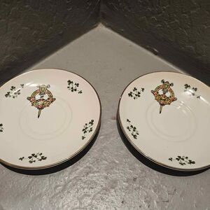 Carrigiline 5.5" Set of 2 Ceramic Saucers Cork Ireland Celtic Brooch Shamrocks